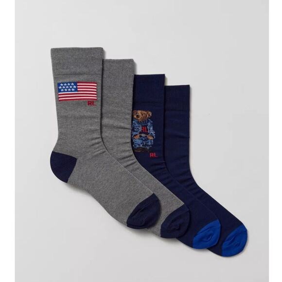 Polo Ralph Lauren American Bear Crew Athletic Socks 2-Pack Blue Grey Flag - Picture 2 of 3